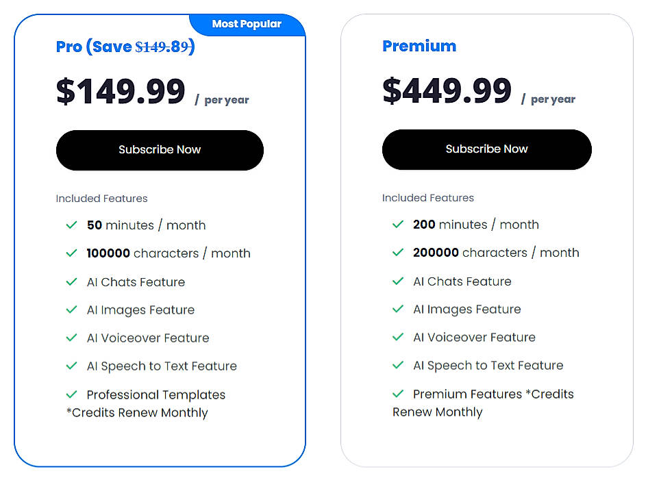 Pricing screenshot