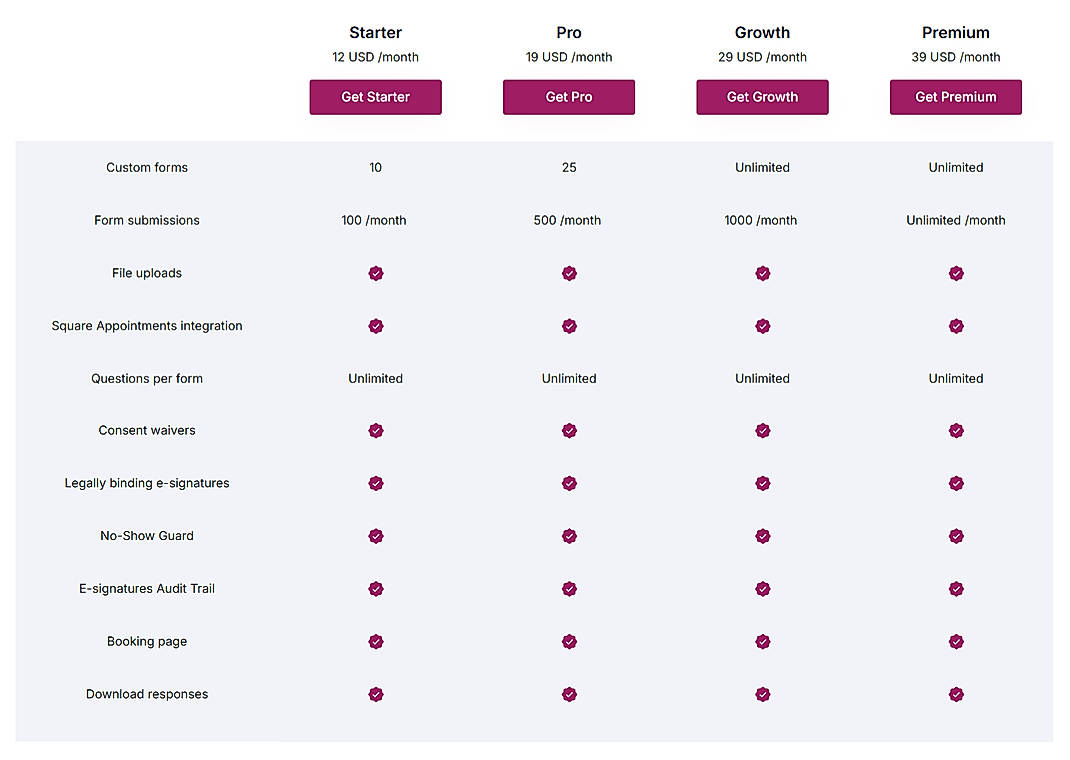 Pricing screenshot