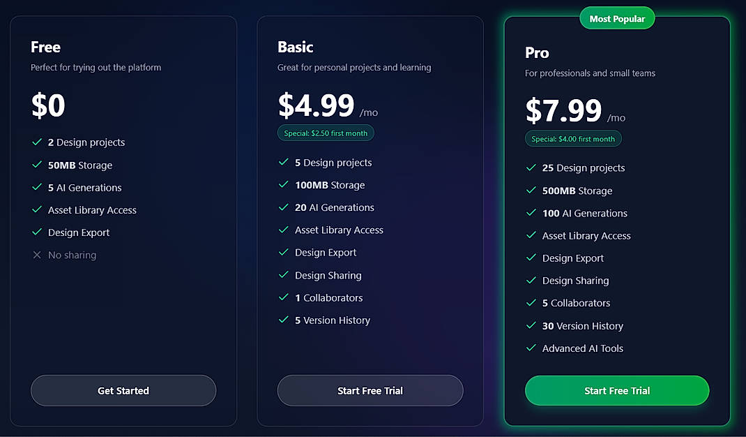 Pricing screenshot