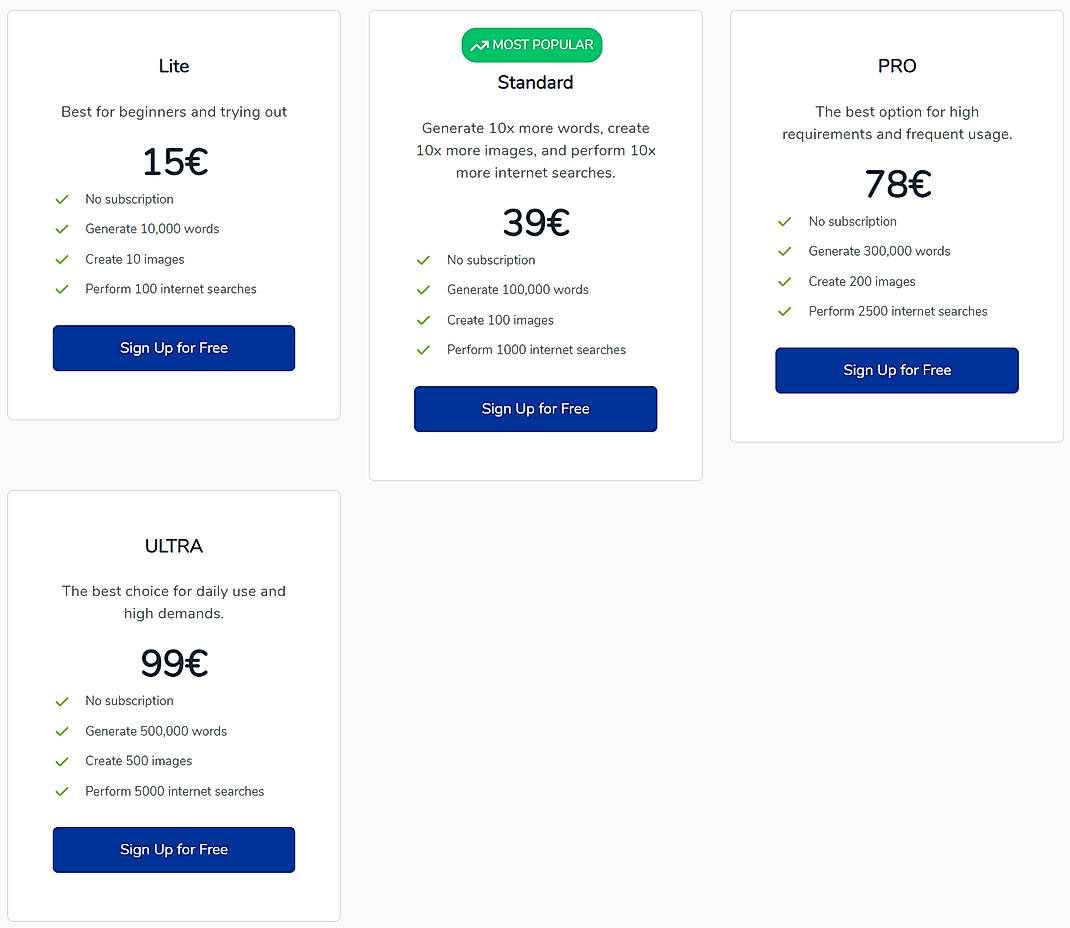 Pricing screenshot