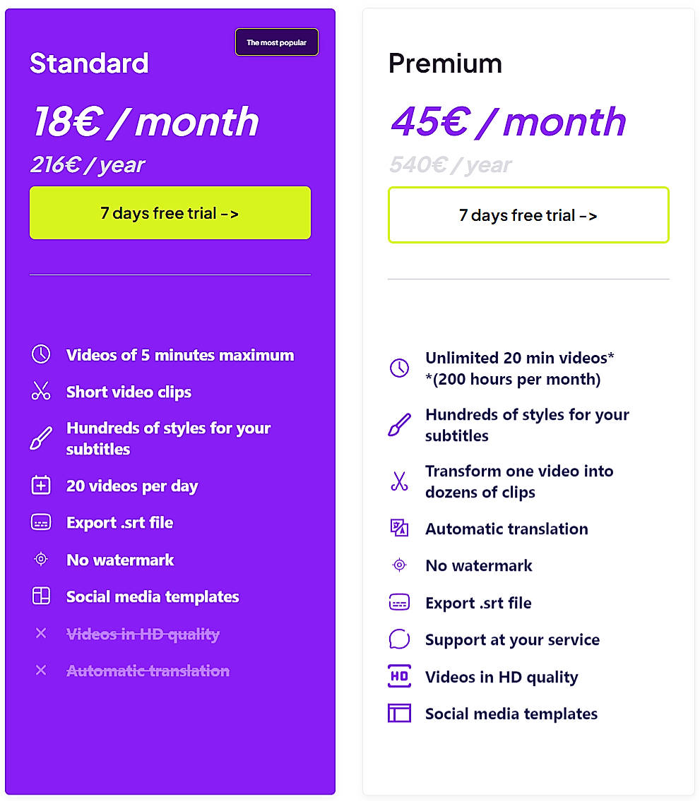 Pricing screenshot