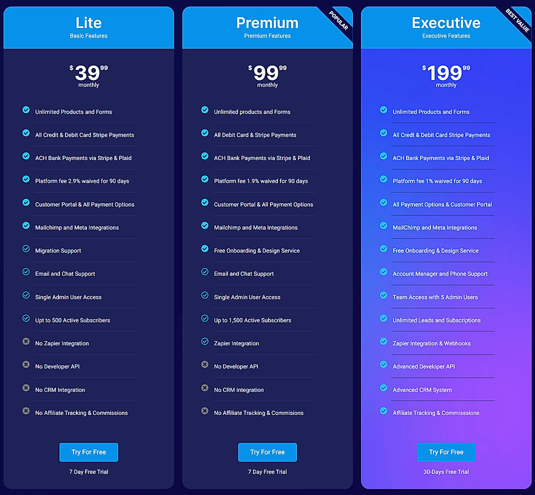 Pricing screenshot