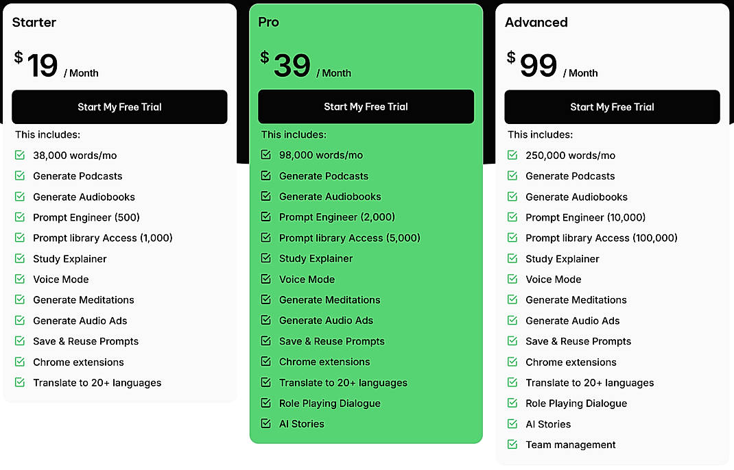 Pricing screenshot