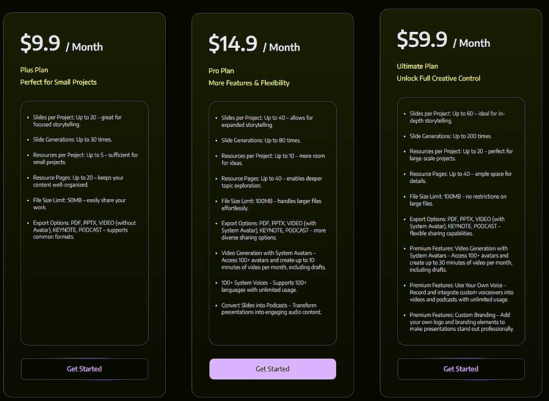 Pricing screenshot