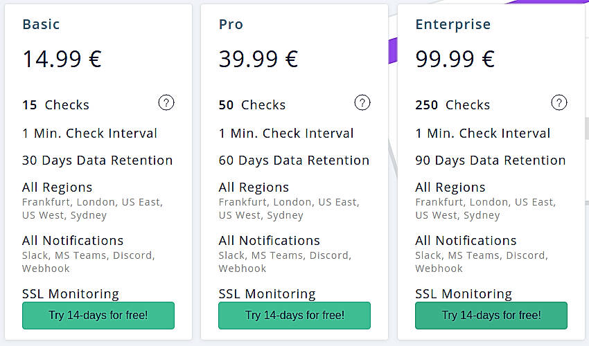 Pricing screenshot