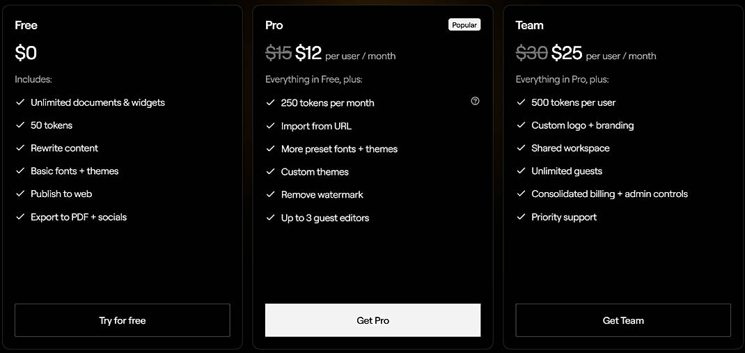 Pricing screenshot