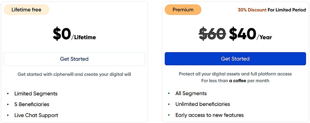 Pricing screenshot