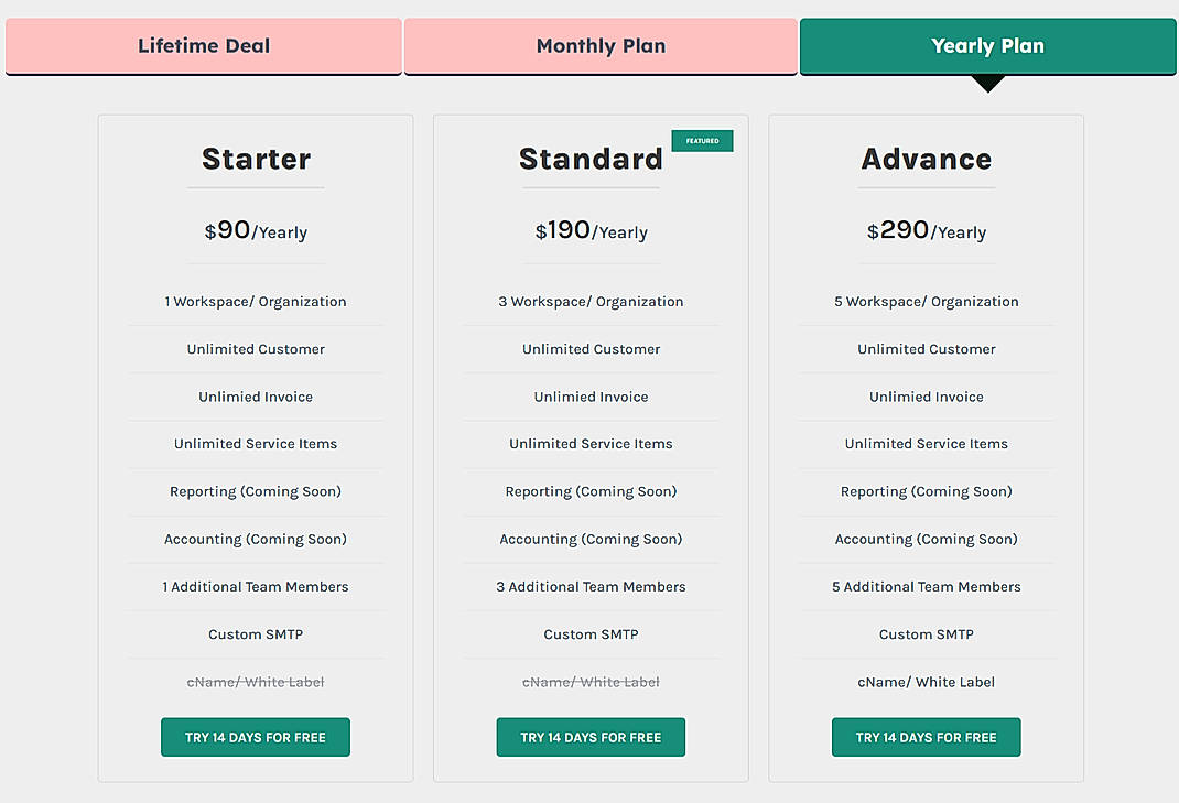 Pricing screenshot