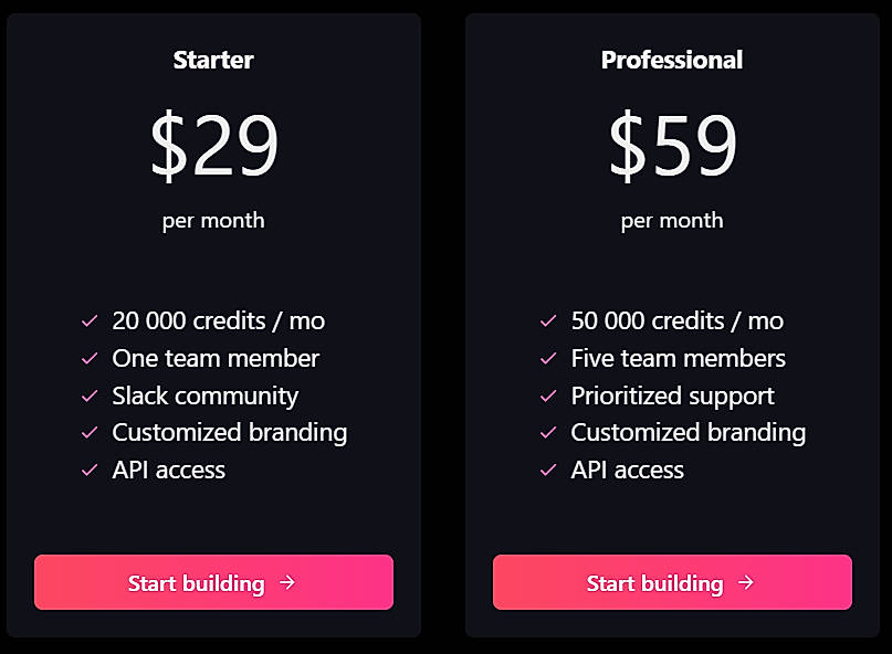 Pricing screenshot