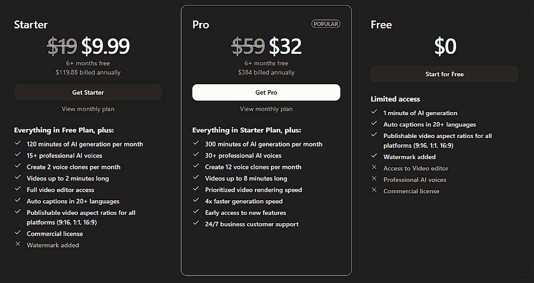 Pricing screenshot