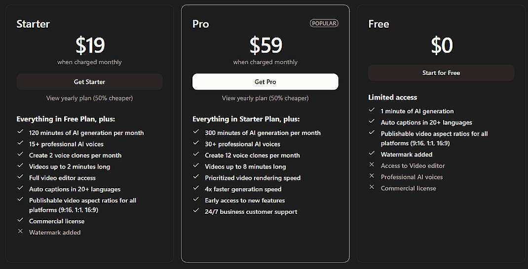 Pricing screenshot