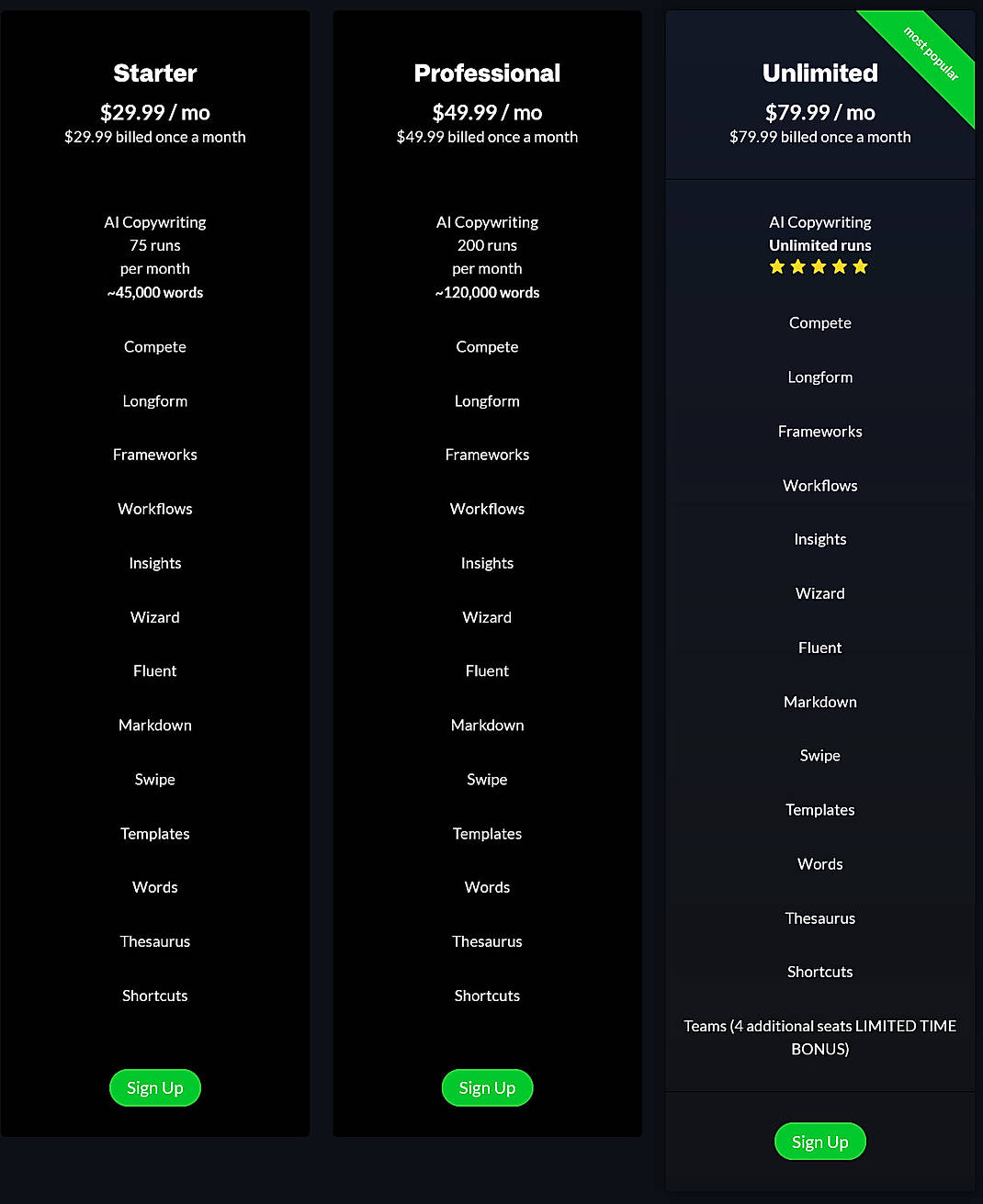 Pricing screenshot