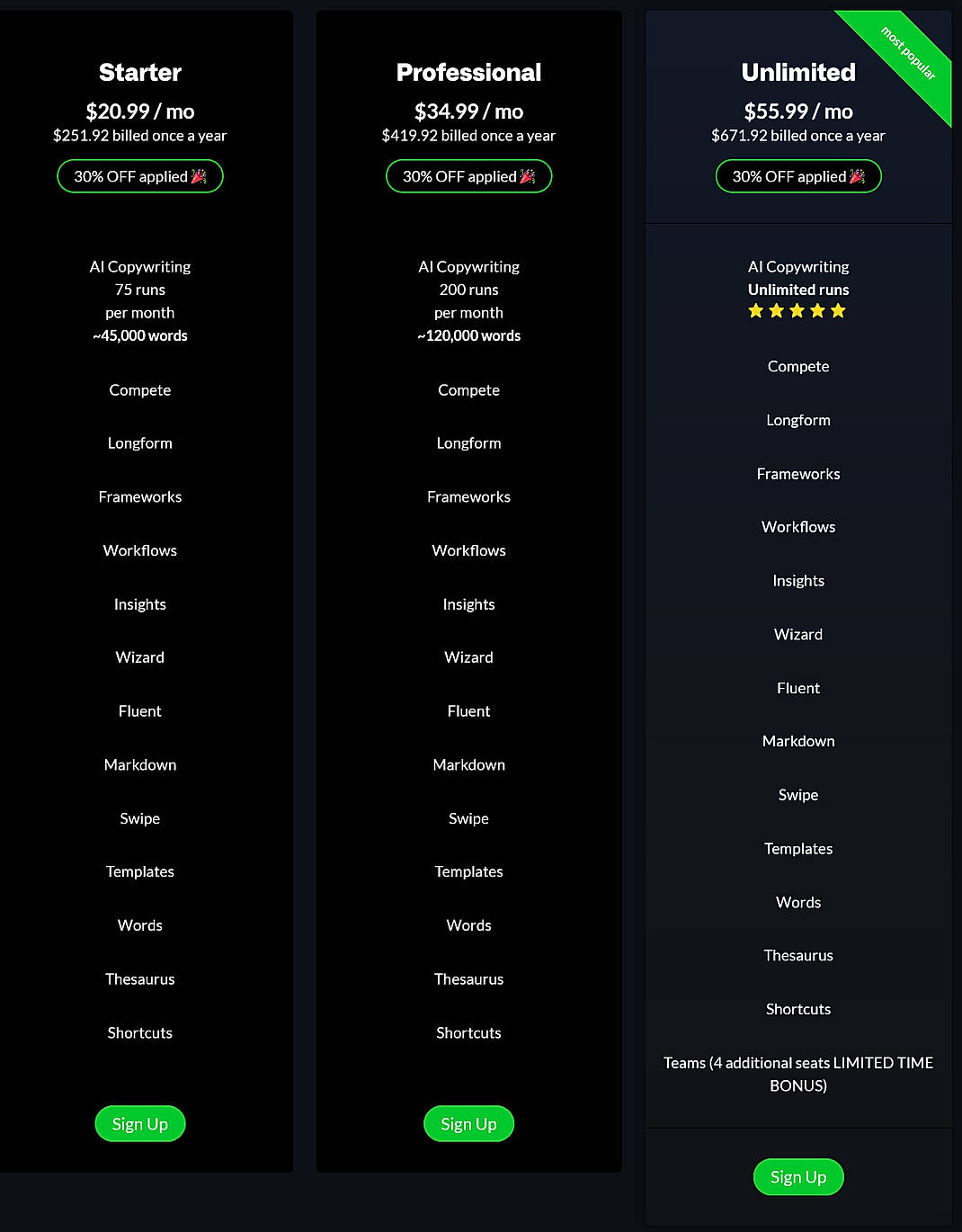 Pricing screenshot