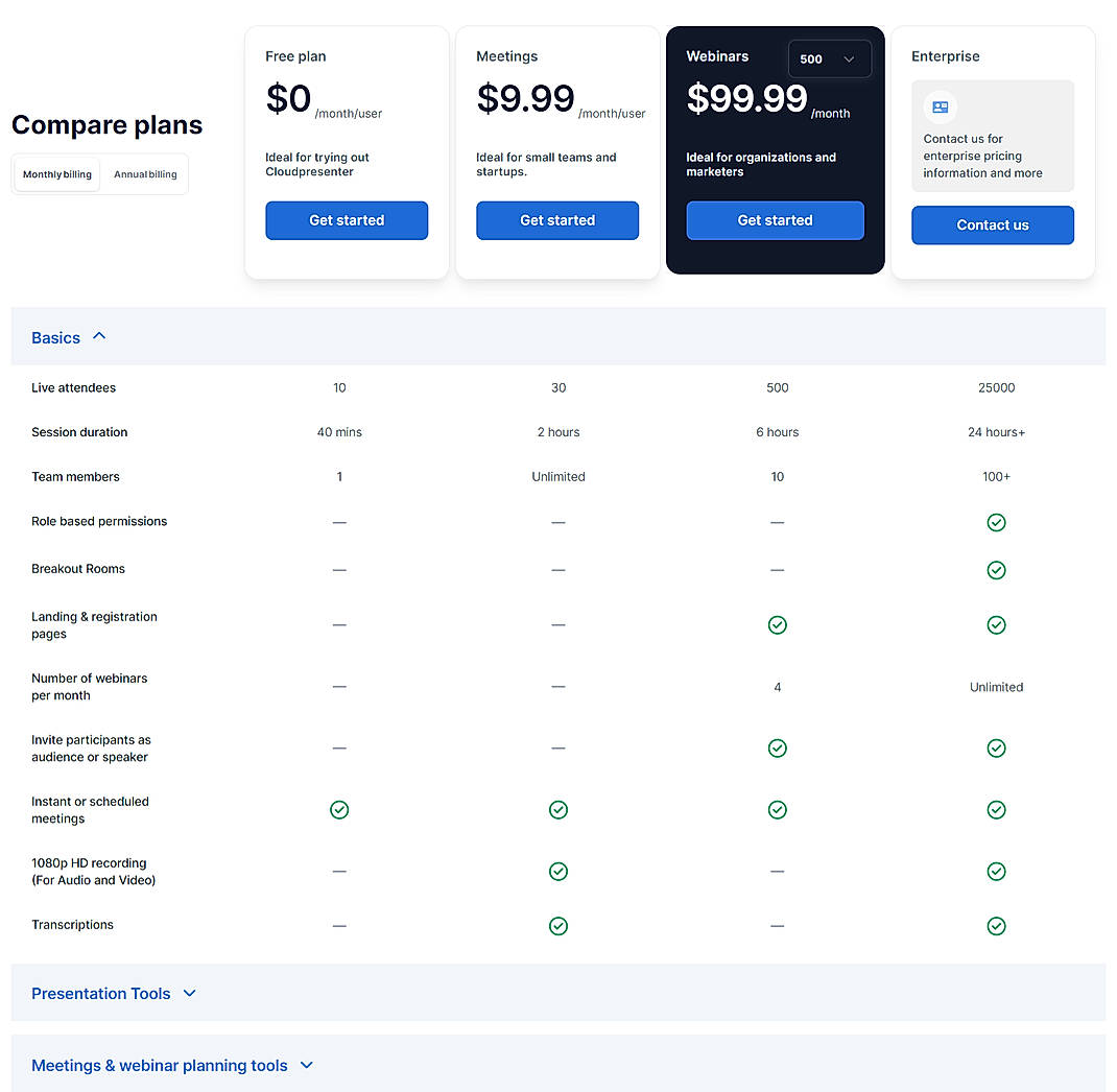 Pricing screenshot