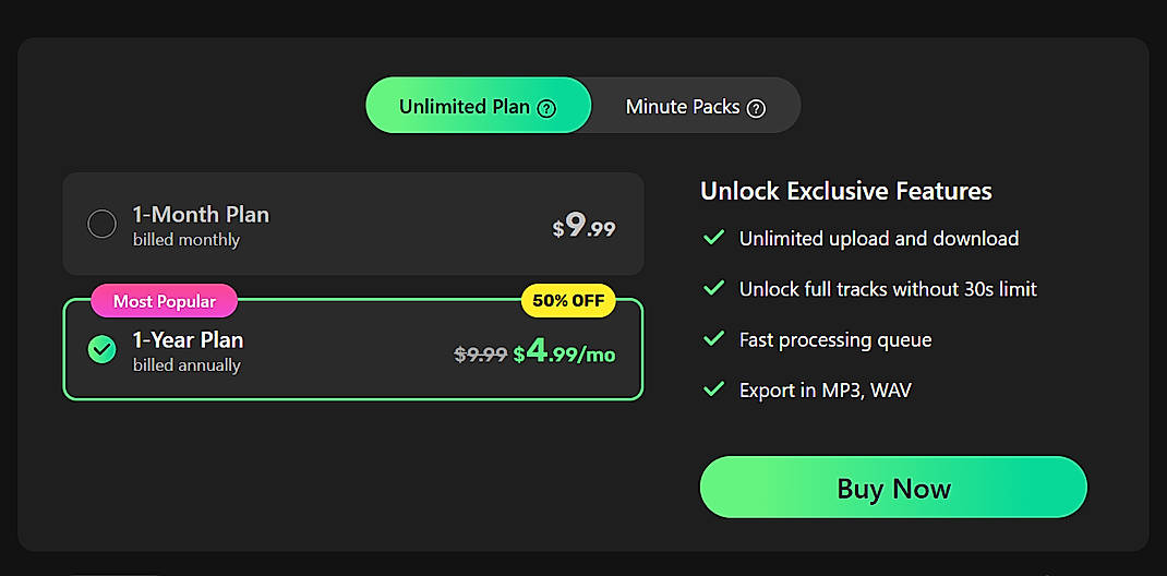 Pricing screenshot