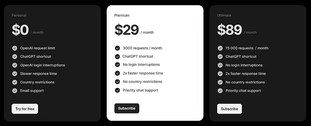 Pricing screenshot