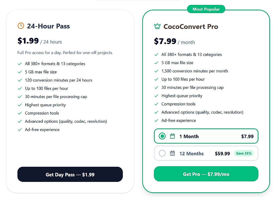Pricing screenshot