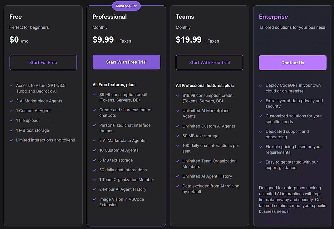 Pricing screenshot