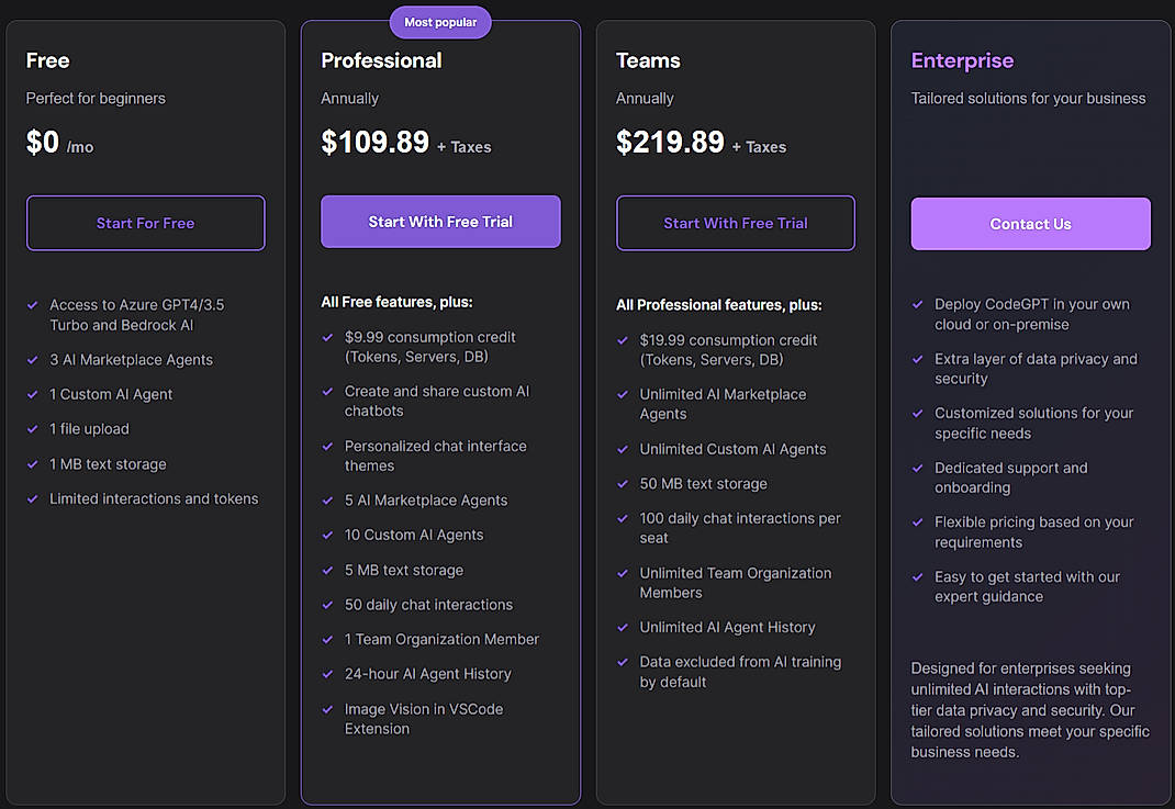 Pricing screenshot