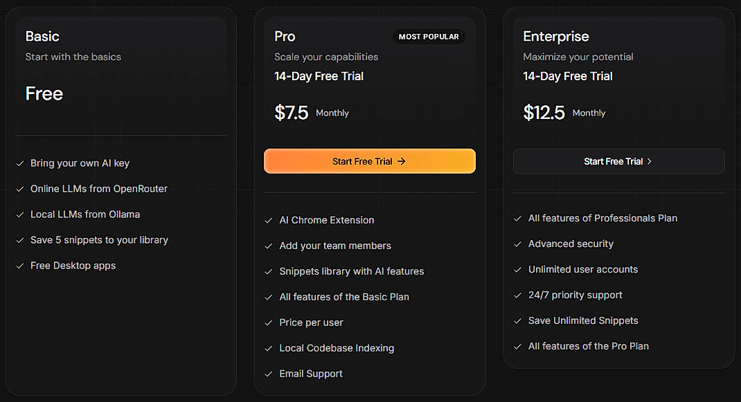 Pricing screenshot