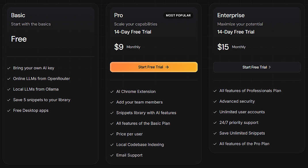 Pricing screenshot