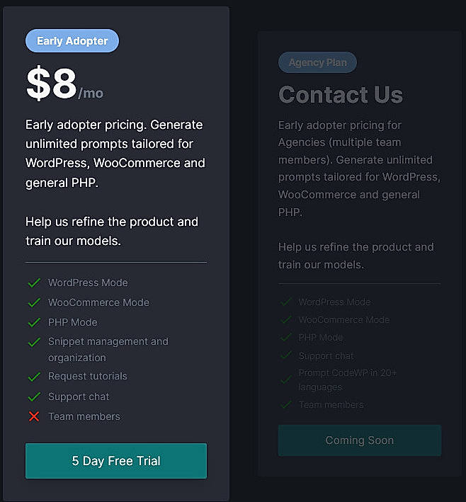 Pricing screenshot
