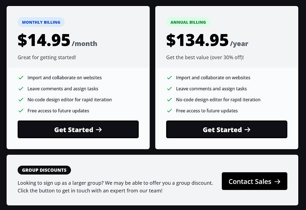 Pricing screenshot