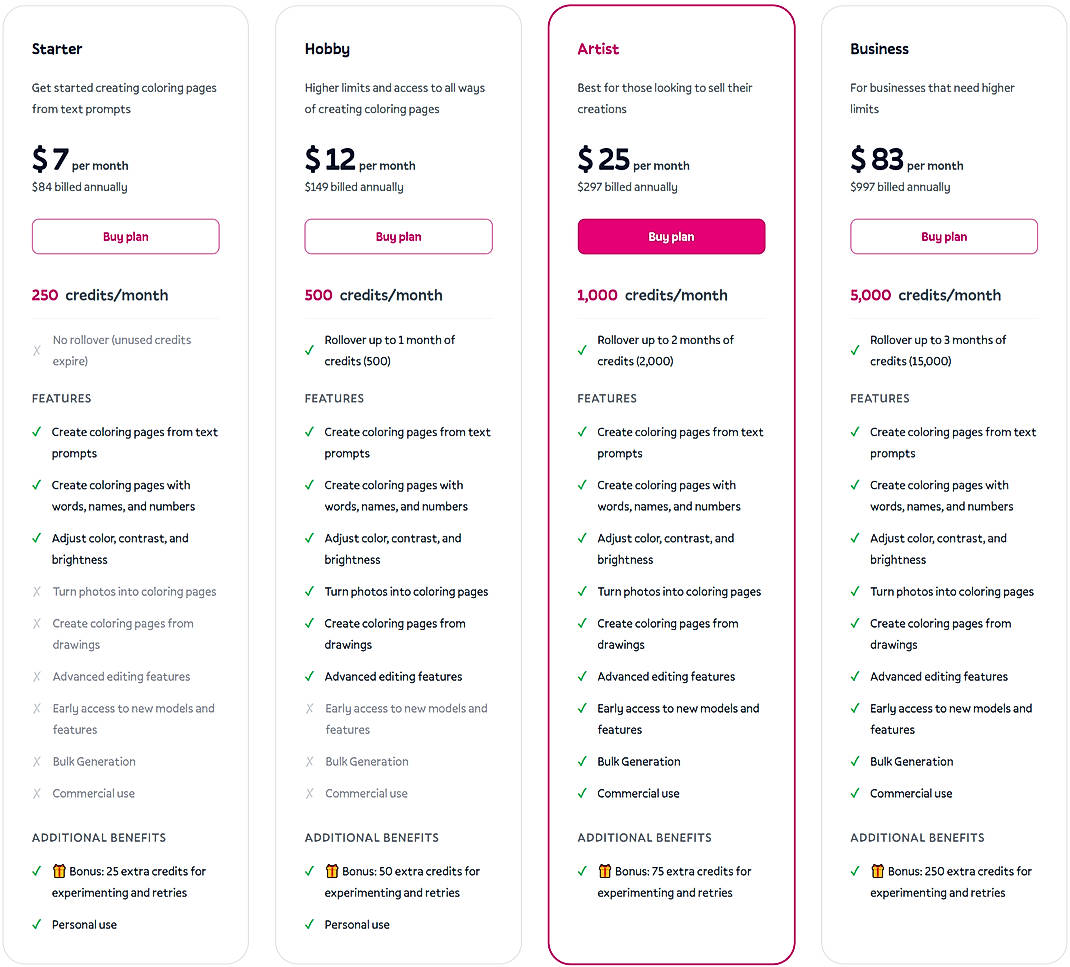 Pricing screenshot
