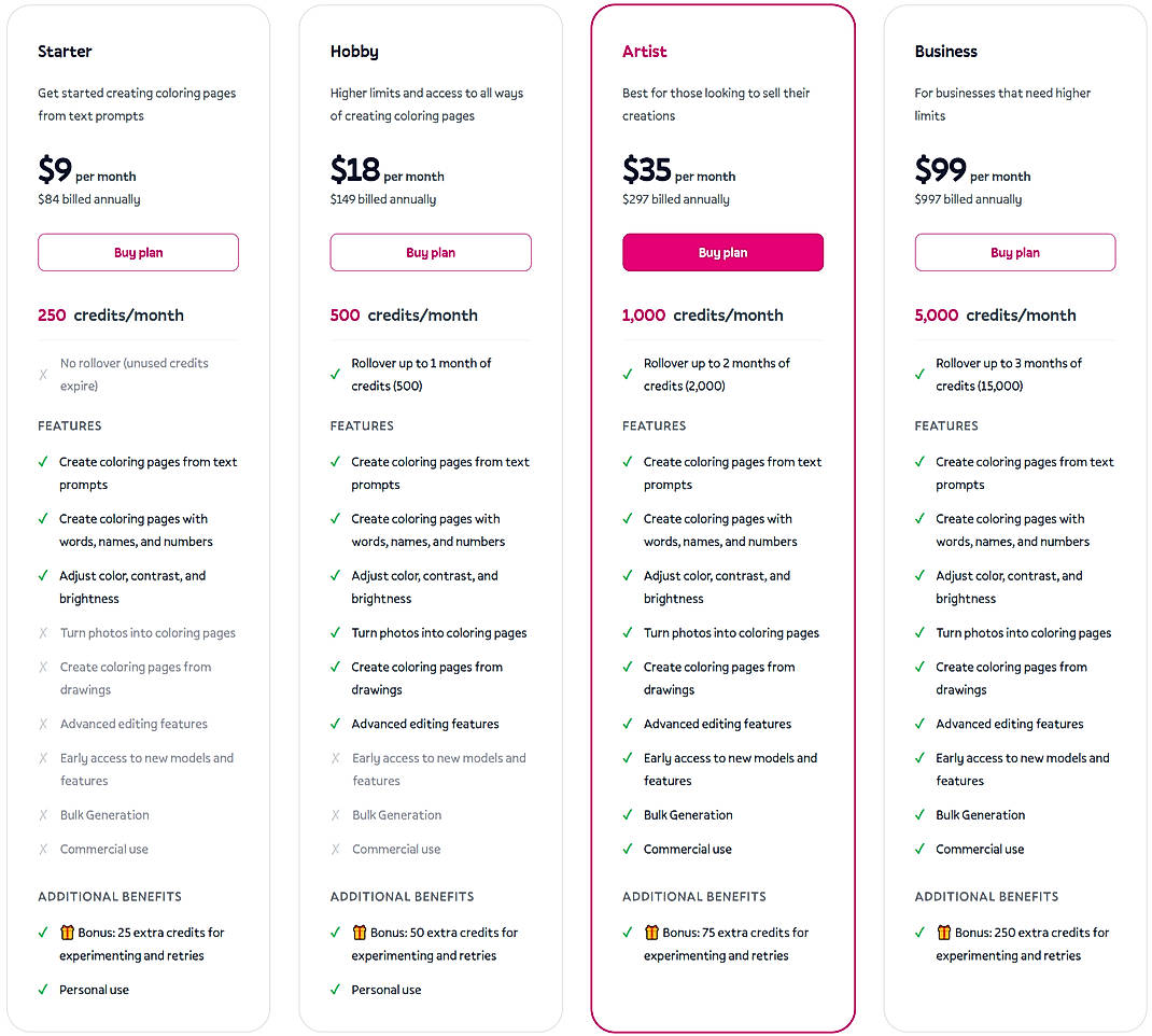 Pricing screenshot