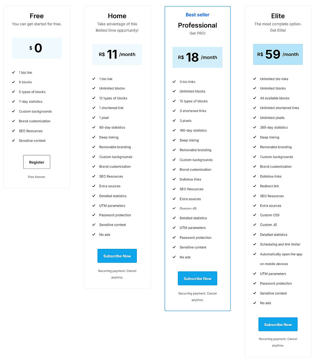 Pricing screenshot