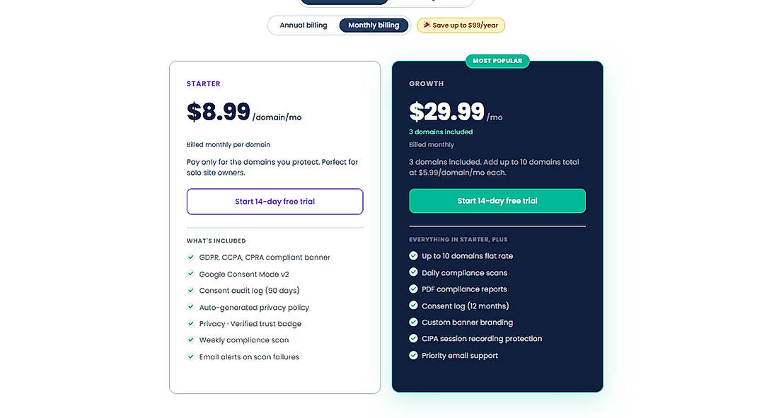 Pricing screenshot