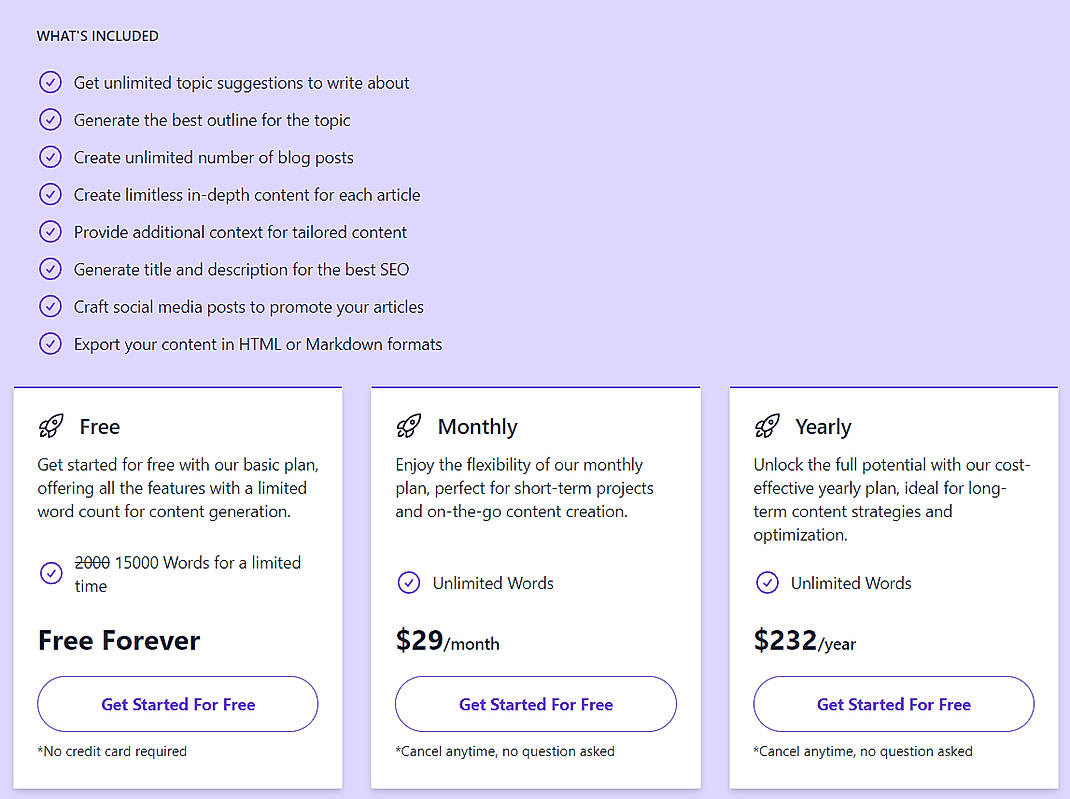 Pricing screenshot