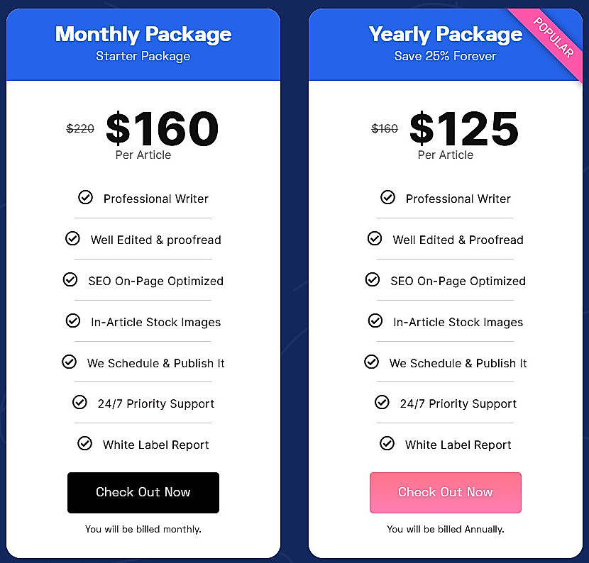 Pricing screenshot
