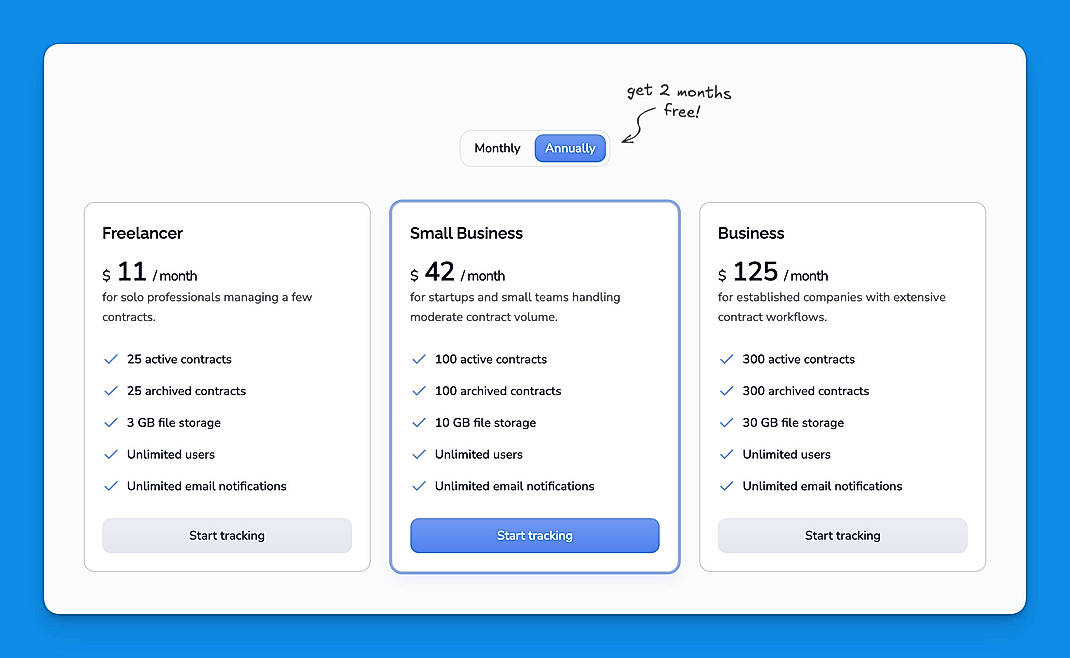 Pricing screenshot