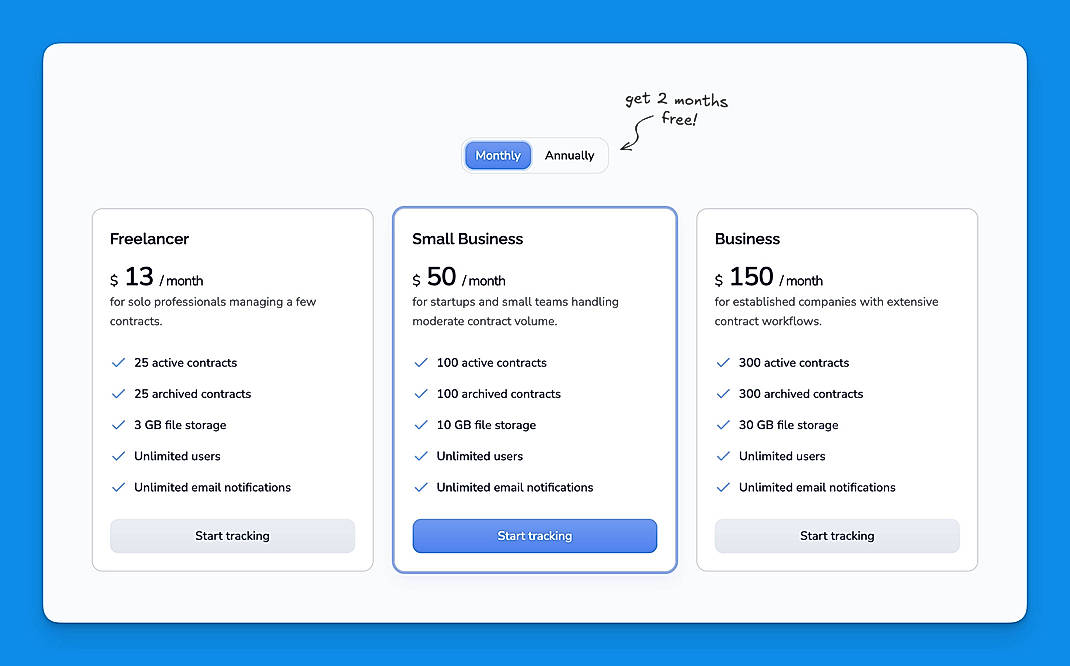 Pricing screenshot