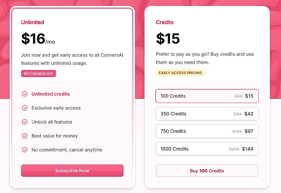Pricing screenshot