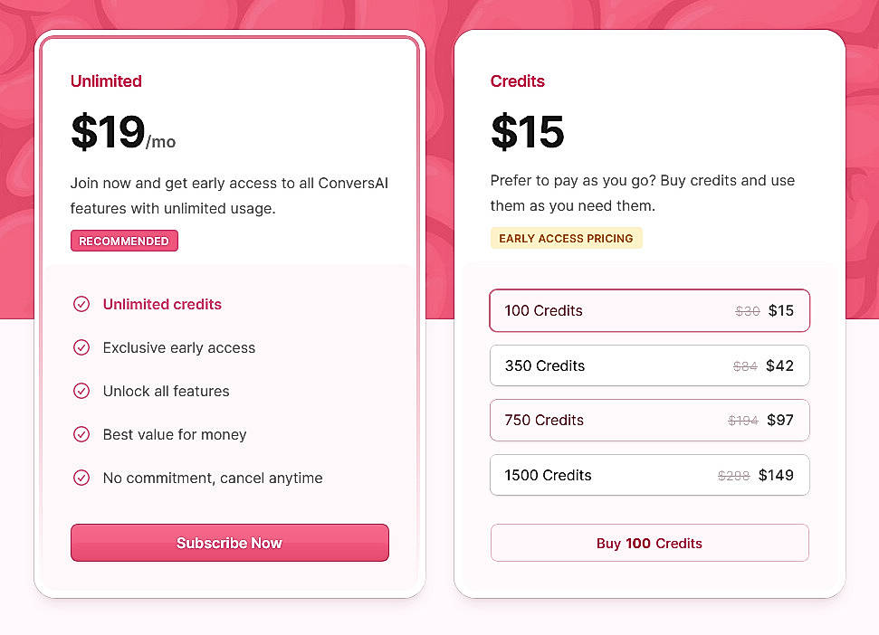 Pricing screenshot