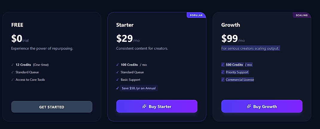 Pricing screenshot