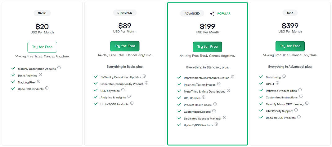 Pricing screenshot