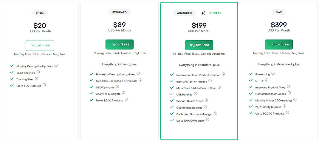 Pricing screenshot