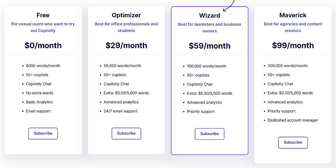 Pricing screenshot