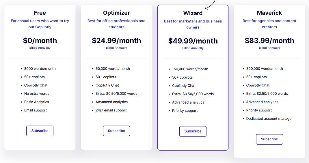 Pricing screenshot