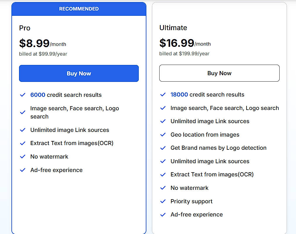 Pricing screenshot