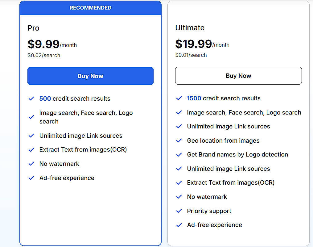 Pricing screenshot