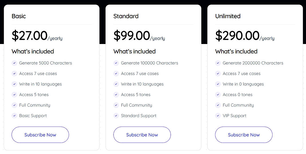 Pricing screenshot