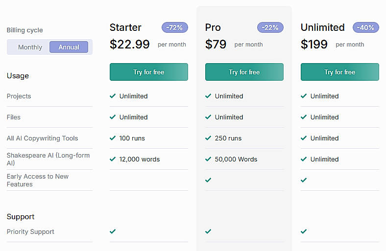 Pricing screenshot
