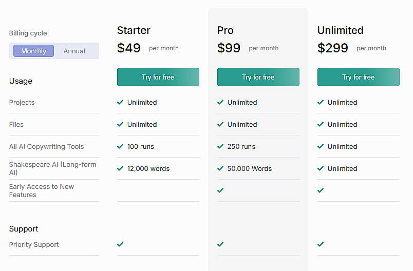 Pricing screenshot