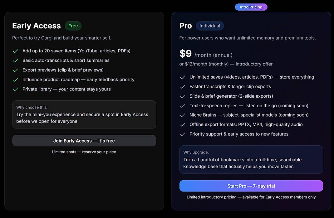 Pricing screenshot
