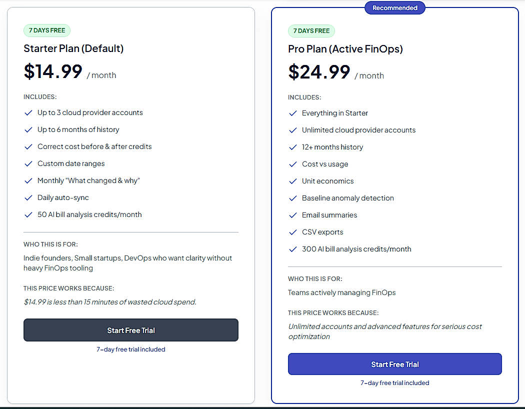 Pricing screenshot
