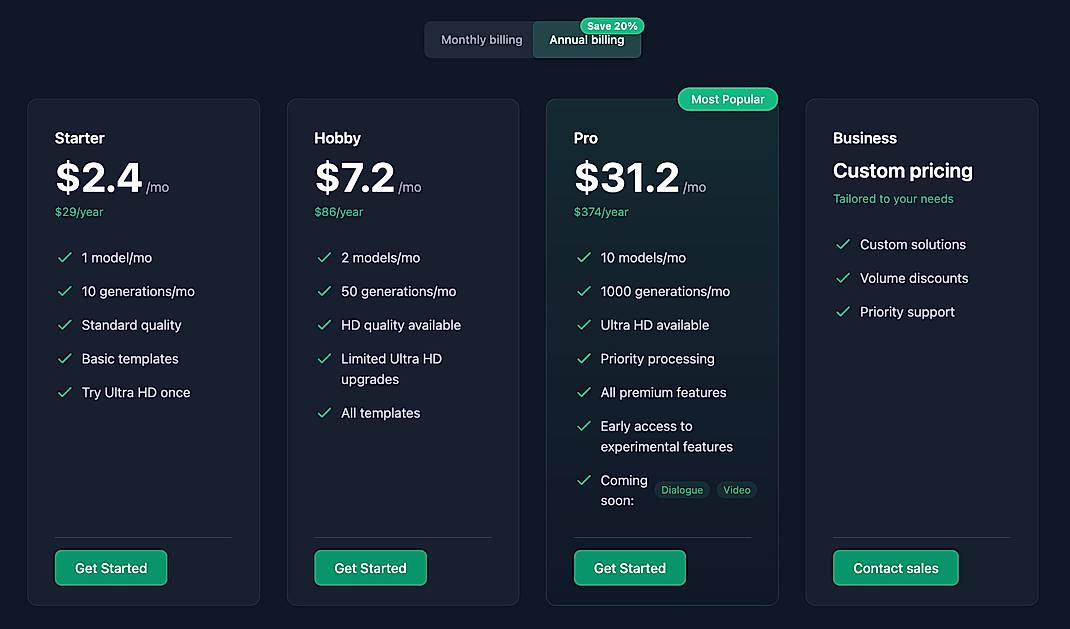 Pricing screenshot
